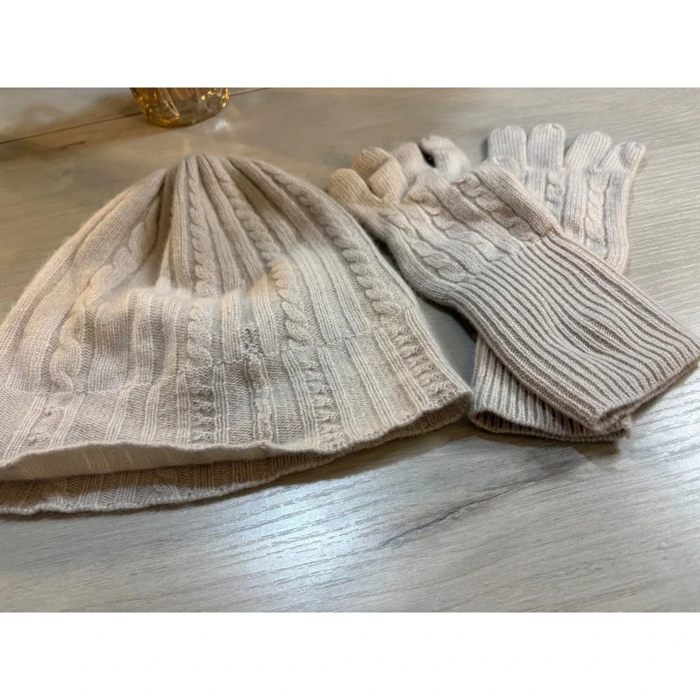 Fisher Finery 100‎ Cashmere Cable Knit Beanie Hat Gloves Set Beige Women OS